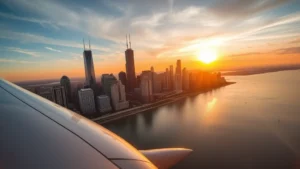 Aerial view of Chicago skyline at sunset with Lake Michigan reflecting golden light, airplane wing visible in frame, modern skyscrapers and downtown architecture