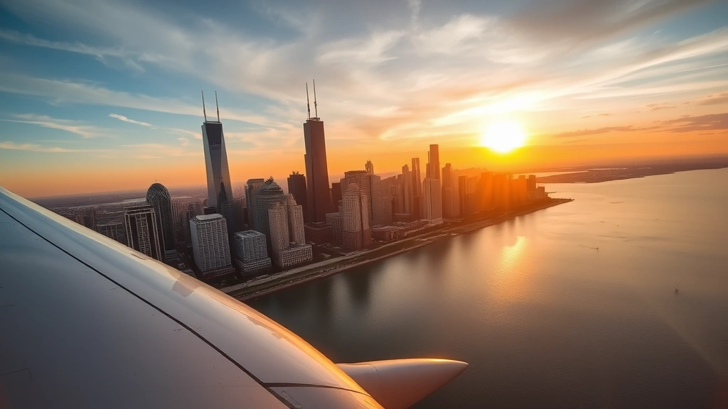 Aerial view of Chicago skyline at sunset with Lake Michigan reflecting golden light, airplane wing visible in frame, modern skyscrapers and downtown architecture