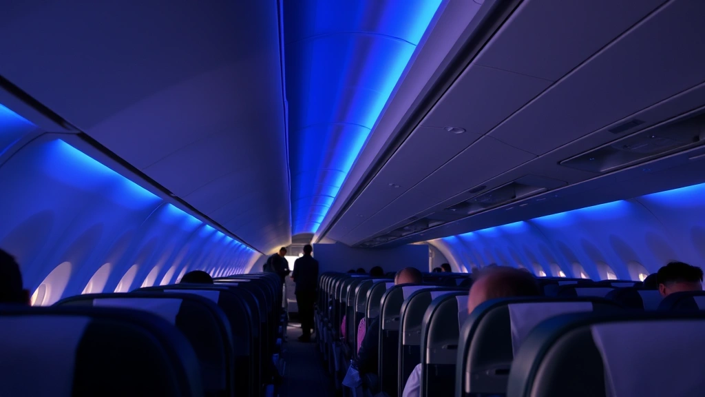 Modern aircraft interior cabin during evening flight with soft blue ambient lighting, rows of comfortable seats, overhead compartments, and a few passengers settling in