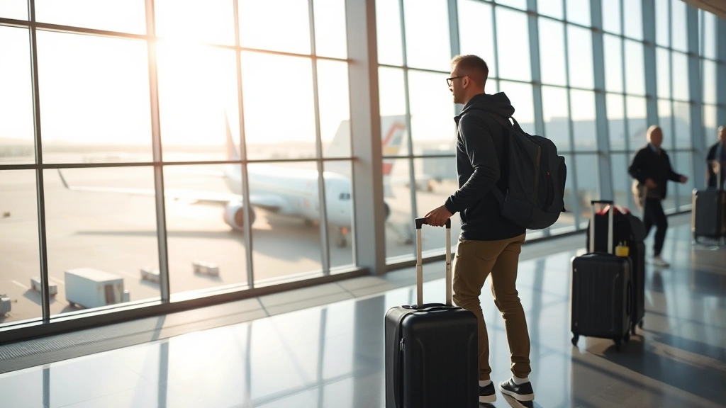 Traveler at modern airport terminal wearing casual travel clothing with rolling luggage, large floor-to-ceiling windows showing morning sunlight, aircraft parked at gate visible outside