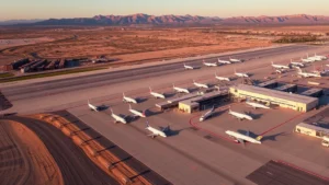 Aerial view of Phoenix Sky Harbor International Airport with multiple aircraft parked at gates, desert landscape visible, Arizona mountains in background, golden hour lighting