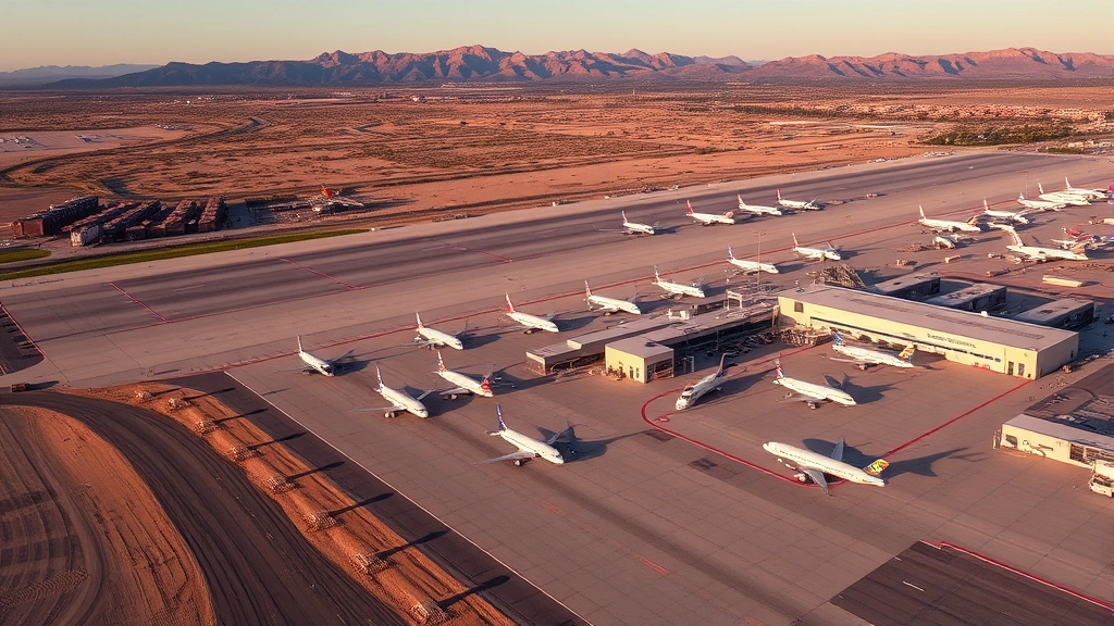 Aerial view of Phoenix Sky Harbor International Airport with multiple aircraft parked at gates, desert landscape visible, Arizona mountains in background, golden hour lighting
