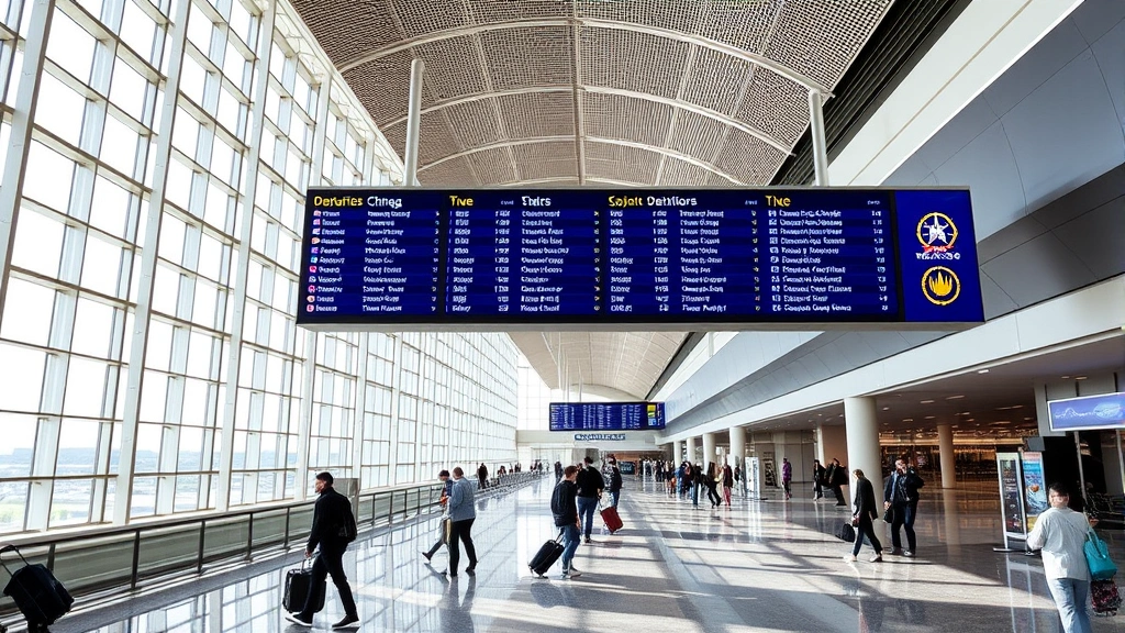 Chicago O'Hare International Airport terminal interior showing modern architecture, departures board, travelers with luggage, natural light from large windows