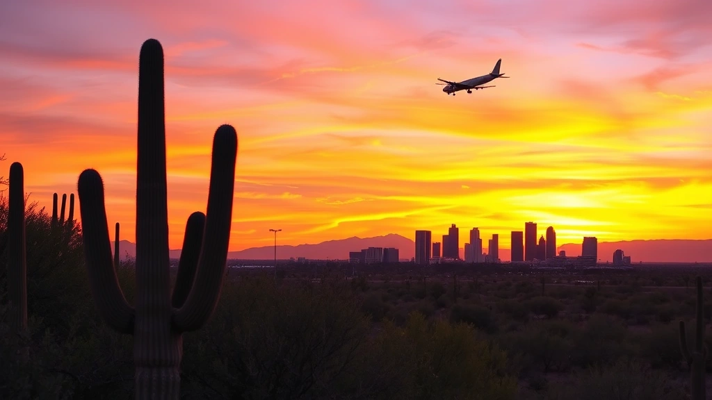 Phoenix desert landscape at sunset with saguaro cacti, colorful sky transitioning from orange to purple, airplane approaching in distance, modern cityscape silhouette
