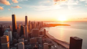 Aerial view of Chicago skyline with Lake Michigan and downtown skyscrapers during golden hour sunset, photorealistic modern city landscape