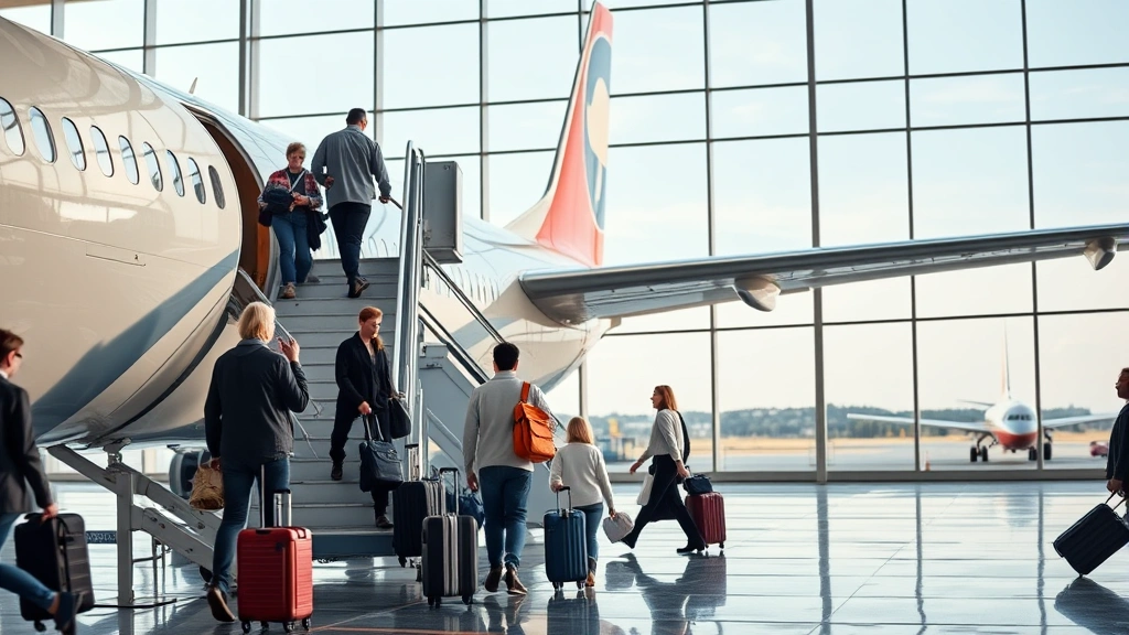 Passengers boarding commercial aircraft at modern airport gate, boarding stairs attached to aircraft fuselage, travelers with carry-on luggage, realistic airport scene