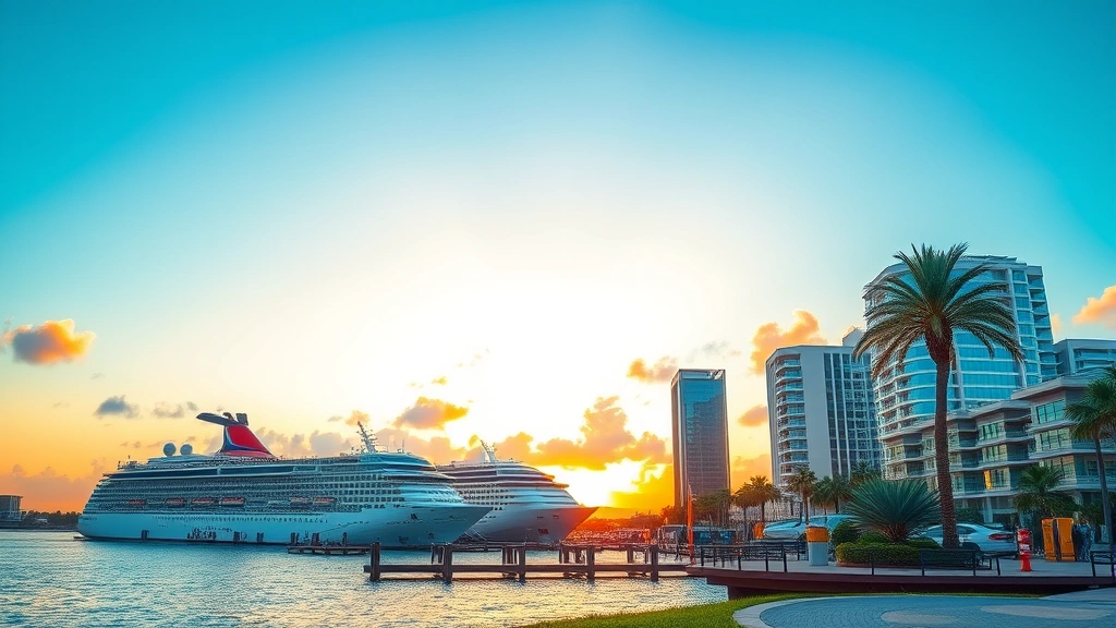 Tampa Bay waterfront at sunset with cruise ships docked, palm trees, modern buildings, Florida coastline, golden hour lighting, photorealistic travel destination