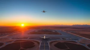 Aerial view of Harry Reid International Airport Las Vegas surrounded by desert landscape at sunset with airplane landing approach visible