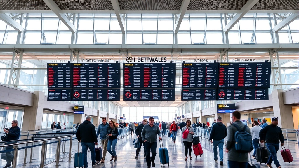 Modern airport terminal interior at Cleveland Hopkins showing departure boards and travelers with luggage moving through concourse