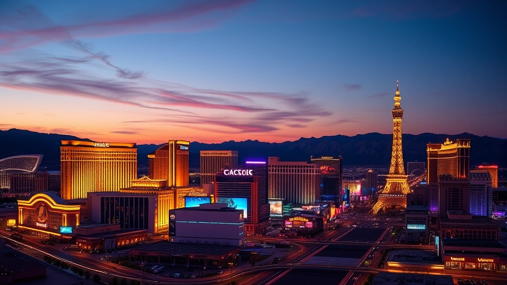 Vibrant Las Vegas Strip skyline at dusk with iconic casino hotels and bright neon lights reflecting desert sky