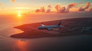 Aerial view of Tampa International Airport with Boeing 737 approaching over Gulf of Mexico waters at sunset, realistic photography style