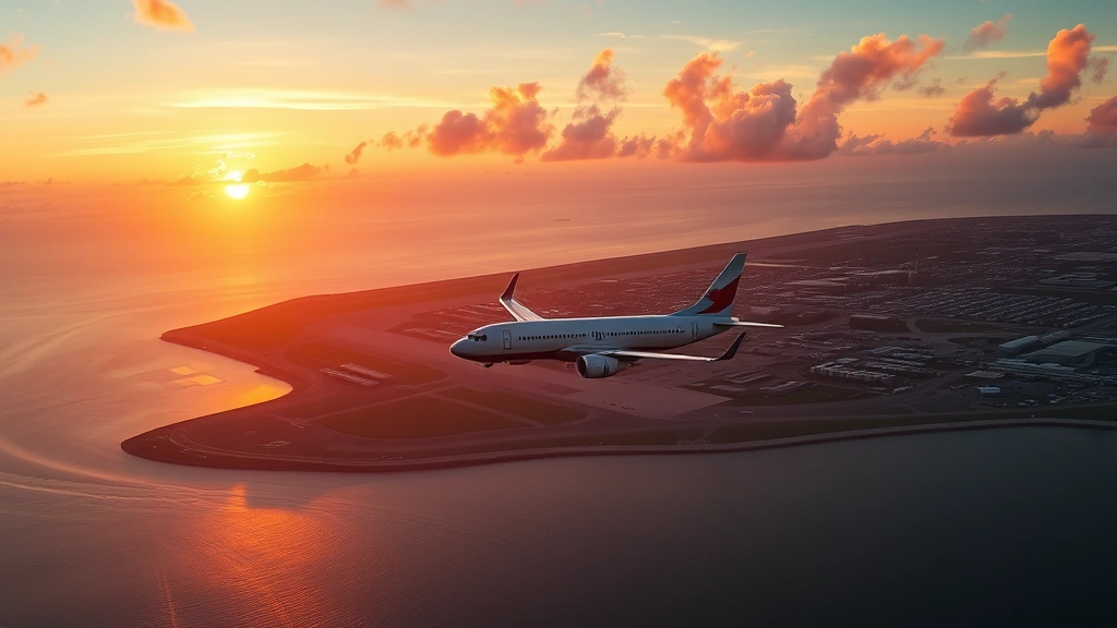 Aerial view of Tampa International Airport with Boeing 737 approaching over Gulf of Mexico waters at sunset, realistic photography style
