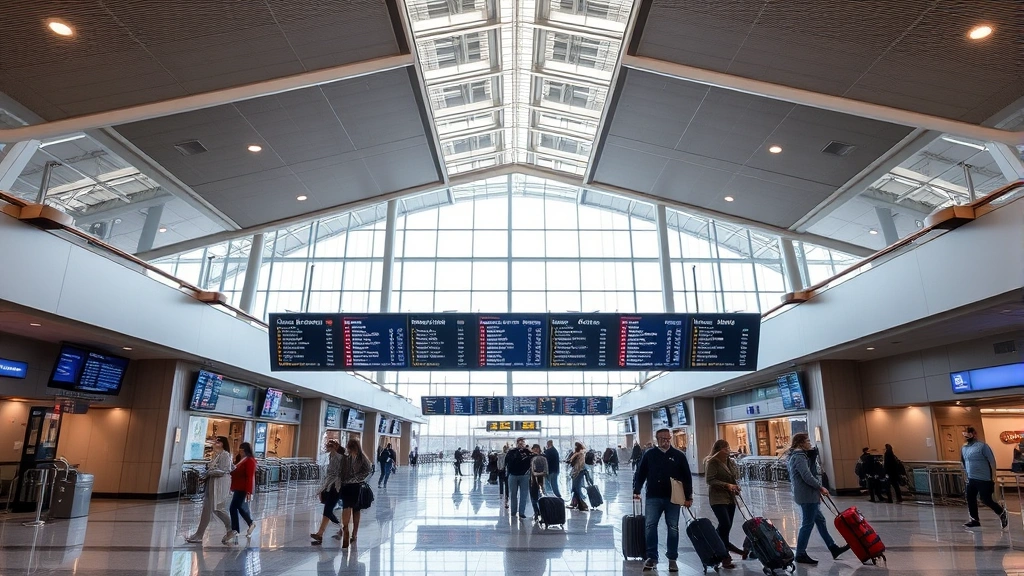 Cleveland Hopkins International Airport terminal interior showing departure boards and travelers with luggage, modern airport architecture, daytime lighting