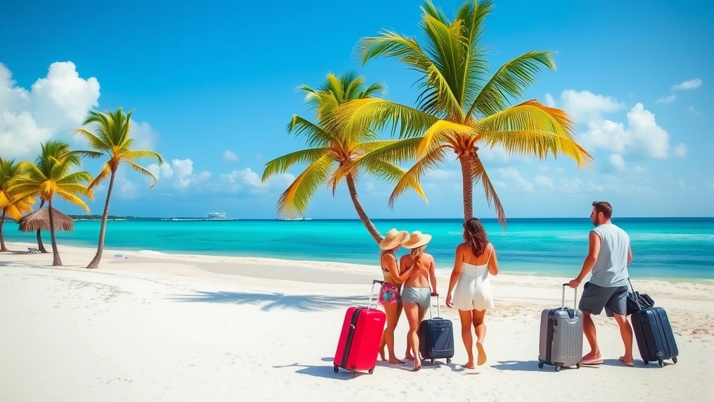 Tampa beach scene with palm trees and turquoise water, showing happy travelers with luggage enjoying Florida vacation destination