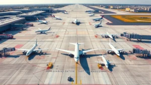 Overhead view of Columbus airport tarmac with multiple aircraft parked at gates during daytime, clear weather, professional aviation photography