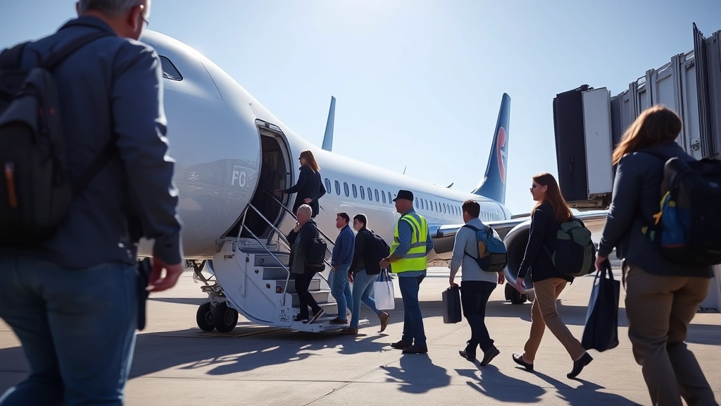 Passengers boarding aircraft with ground crew assistance and boarding bridge connection visible, natural lighting, professional airport operations setting