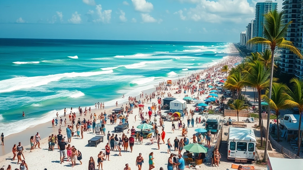 Crowded Miami beach with turquoise ocean waves, palm trees, and beachfront hotels, bright sunny day with families enjoying the shore