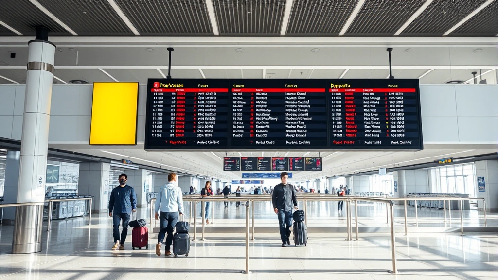 Airport departure board displaying flight information in modern terminal, travelers with luggage walking through clean, contemporary gate area, natural lighting
