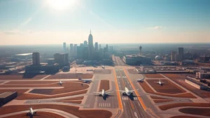 Aerial view of Dallas skyline with DFW airport runways visible in morning sunlight, professional photography showing urban landscape and multiple aircraft