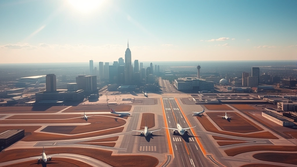 Aerial view of Dallas skyline with DFW airport runways visible in morning sunlight, professional photography showing urban landscape and multiple aircraft