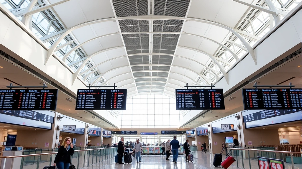 Atlanta Hartsfield-Jackson International Airport terminal interior with modern architecture, departure boards showing flight information, travelers with luggage moving through concourse