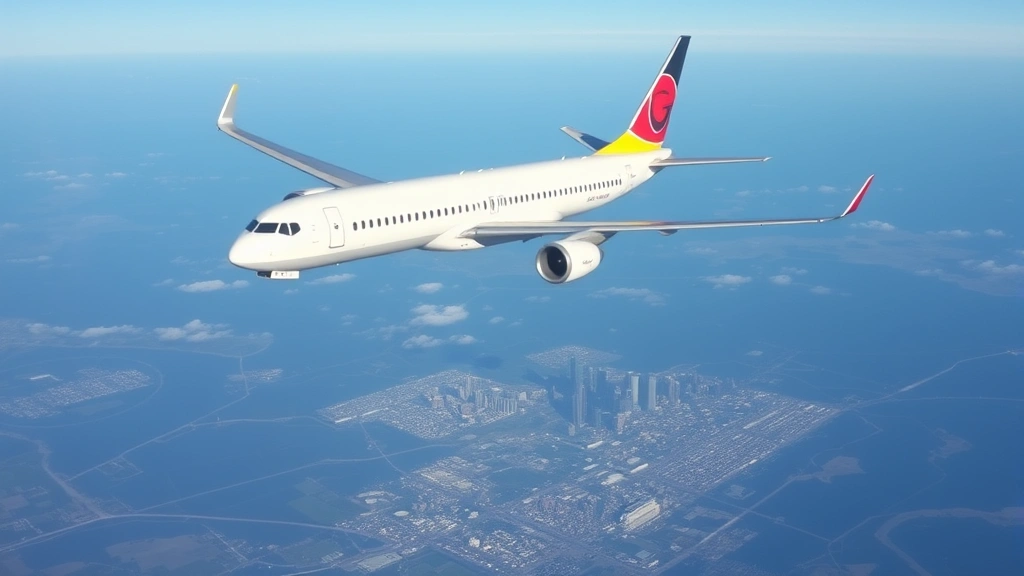 Overhead shot of commercial aircraft flying over Georgia landscape with Atlanta skyline visible below, clear blue sky, showing the Dallas to Atlanta flight path
