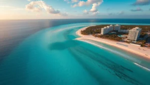 Aerial view of turquoise Caribbean waters and white sand beach at Cancun resort area, dawn light, photorealistic travel destination photography