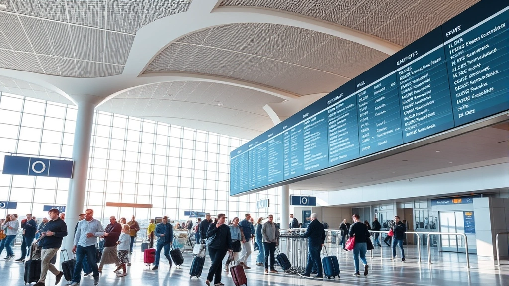 Modern airport terminal interior with departure boards, travelers with luggage, natural lighting through large windows, busy but organized atmosphere