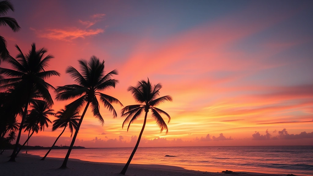 Tropical sunset over Cancun beach with palm trees silhouetted, warm orange and pink sky reflecting on ocean water, peaceful evening travel destination