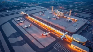 Aerial view of Dallas-Fort Worth International Airport with multiple aircraft on tarmac and terminal buildings, golden hour lighting, modern infrastructure visible