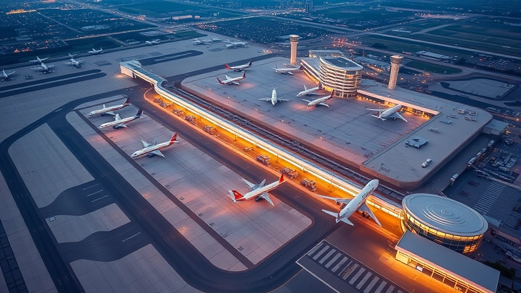 Aerial view of Dallas-Fort Worth International Airport with multiple aircraft on tarmac and terminal buildings, golden hour lighting, modern infrastructure visible