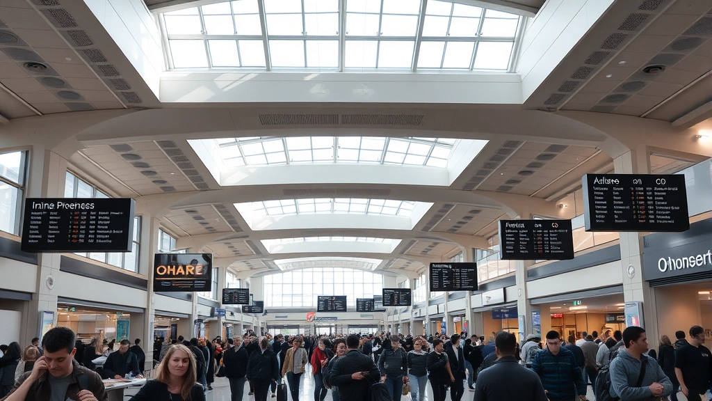 Chicago O'Hare International Airport interior showing busy concourse with travelers, modern signage, departure boards, natural light from windows, vibrant atmosphere