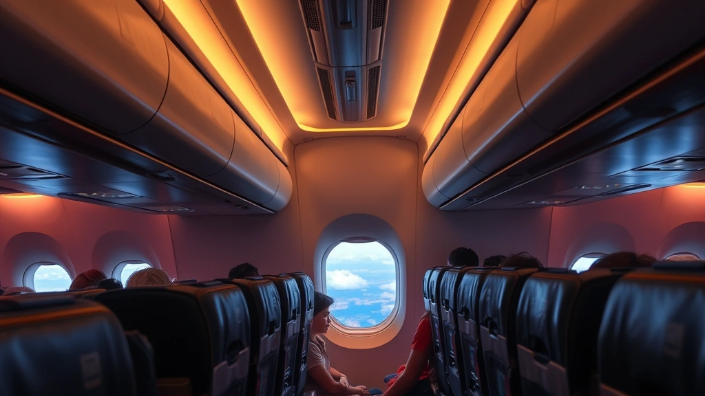 Airplane cabin interior Dallas-Chicago flight with passengers in seats, overhead bins, window view of clouds and landscape below, warm cabin lighting