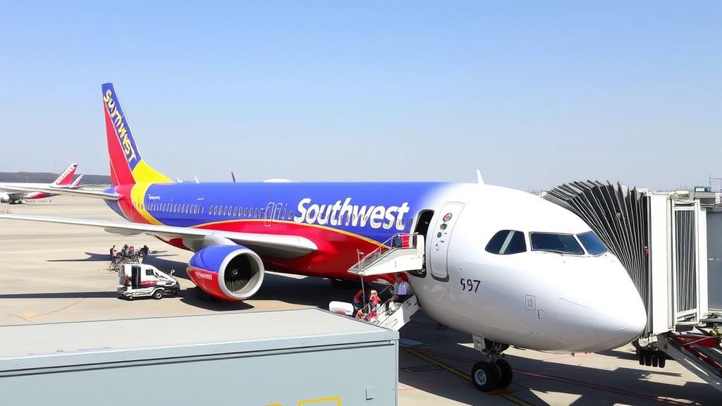 Modern commercial aircraft with Southwest Airlines livery parked at Dallas Love Field terminal gate, passengers boarding via jet bridge, ground crew visible, clear Texas sky, daytime, professional airport environment