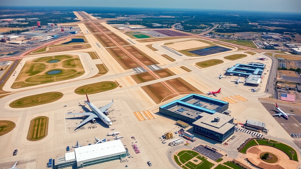 Aerial view of Dallas/Fort Worth International Airport showing multiple runways, aircraft on tarmac, terminal buildings with modern architecture, surrounding Texas landscape with highways, bright daylight