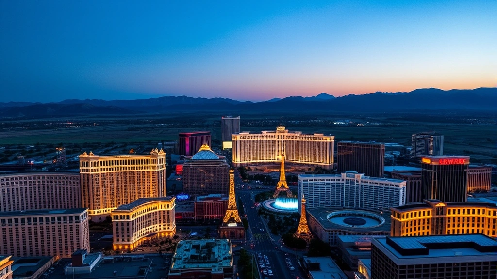 Las Vegas Strip aerial photograph at dusk showing iconic casino resort buildings with bright neon lights, desert mountains in background, clear evening sky, Bellagio fountain area visible, modern cityscape