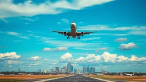 Commercial airplane ascending into blue sky from Dallas airport runway with city skyline visible below, dramatic clouds and natural lighting