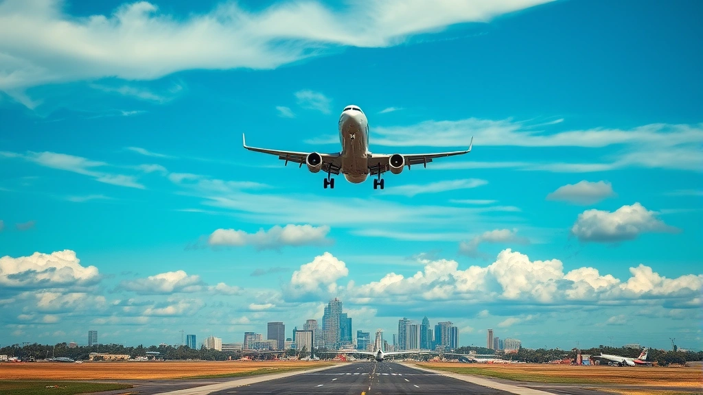 Commercial airplane ascending into blue sky from Dallas airport runway with city skyline visible below, dramatic clouds and natural lighting