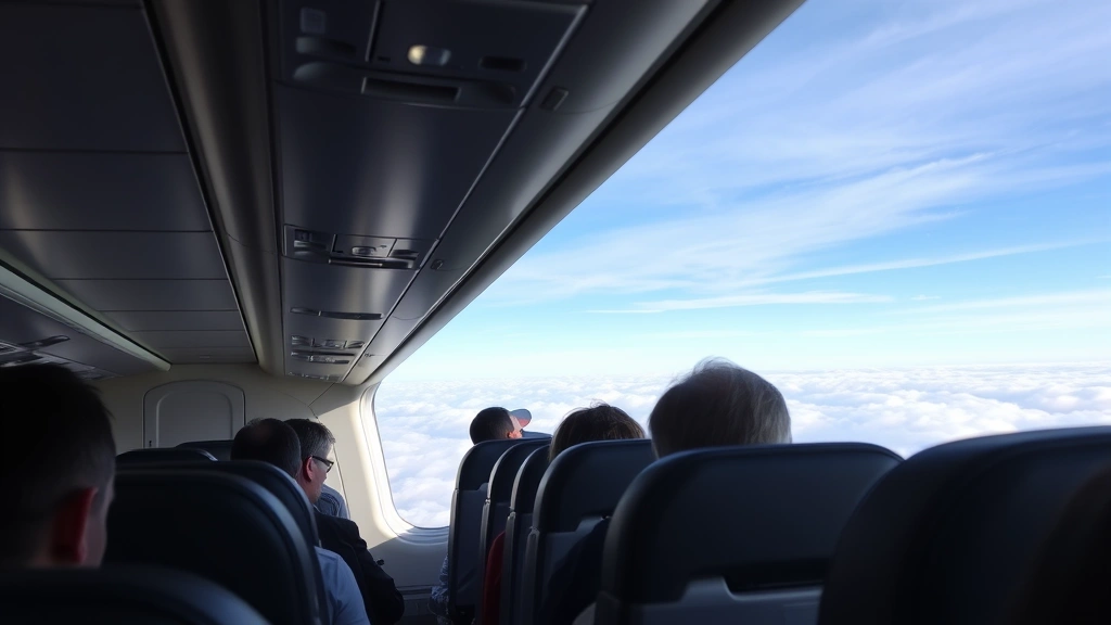 Interior cabin view of narrow-body jet during flight with passengers seated, overhead bins, and window showing clouds and horizon during daytime