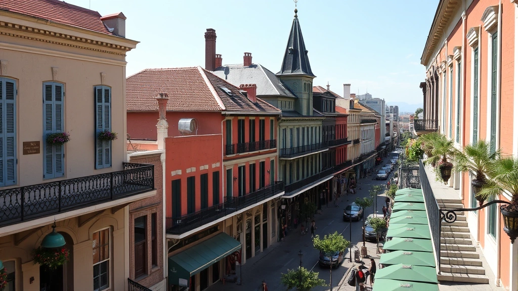 New Orleans French Quarter architecture with historic buildings and street scene from elevated perspective, showing vibrant street life and colonial-style structures