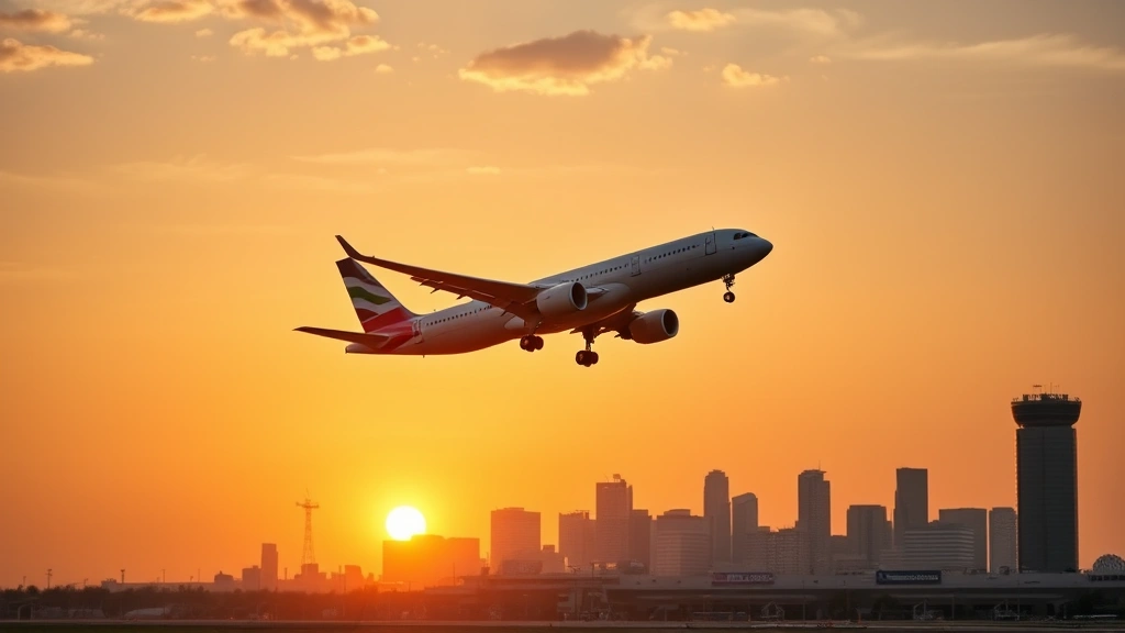 A modern commercial airplane taking off from Dallas Fort Worth International Airport at golden hour sunrise with city skyline in background, realistic photography