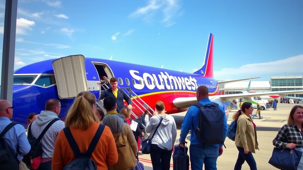 Passengers boarding a Southwest Airlines aircraft at gate with blue and red livery, busy airport terminal with travelers and luggage visible in background