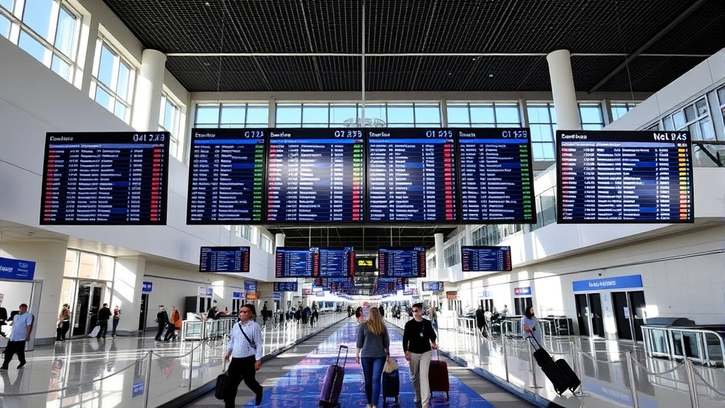Orlando International Airport terminal interior showing departure boards, modern architecture with natural lighting, travelers walking with carry-on bags and roller luggage