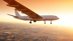Modern commercial aircraft in flight over landscape with Dallas-Fort Worth skyline visible below, golden hour lighting, clear visibility of wing details and landing gear configuration, atmospheric perspective showing flight altitude