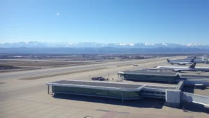 Aerial view of Denver International Airport terminal with mountains in background, snow-capped peaks visible, modern architecture, bright daylight, wide landscape perspective, no text or signage visible