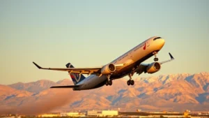 Modern commercial airplane taking off from Denver International Airport with Rocky Mountains visible in background, golden hour lighting, clear blue sky, professional aviation photography