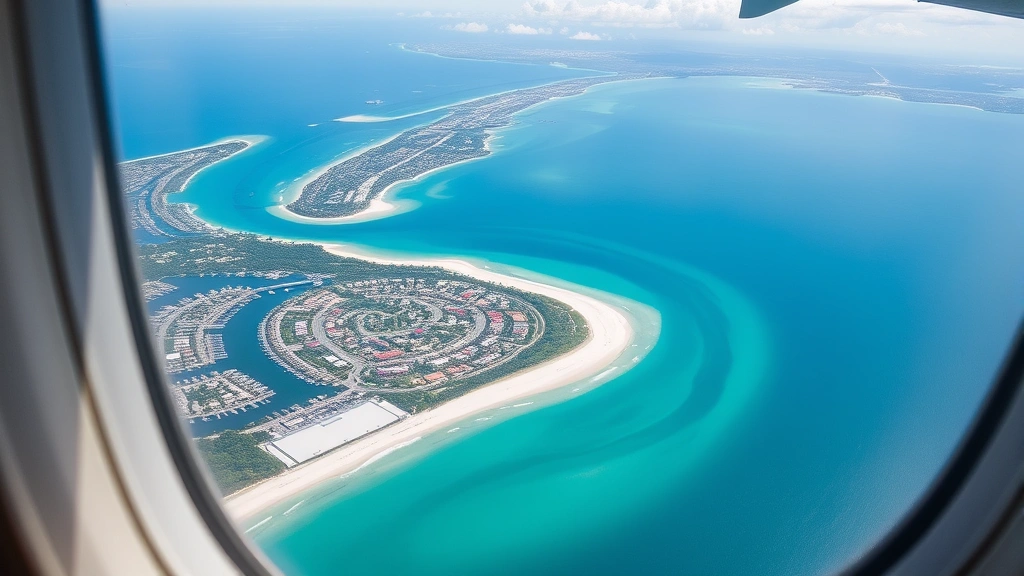 Aerial view of Tampa Bay waterfront and beaches with turquoise water, white sand, palm trees, and coastal development visible from airplane window, bright sunny day