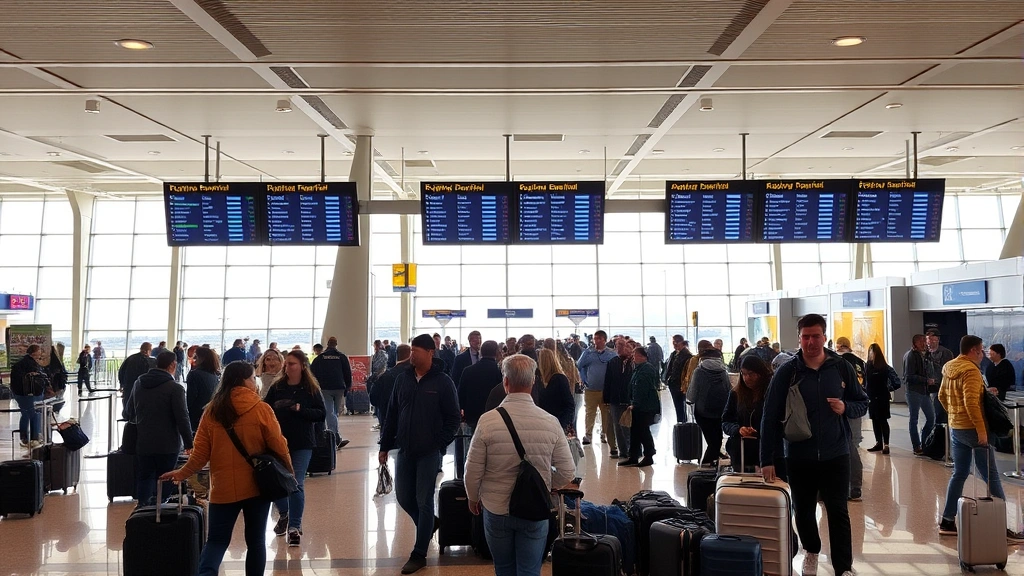 Busy airport terminal interior showing gate areas, travelers with luggage, departure boards displaying flight information, modern airport architecture with natural lighting