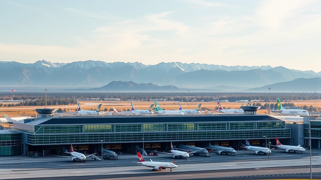 Aerial view of Denver International Airport terminal with mountains in background, commercial aircraft at gates, modern architecture with natural light