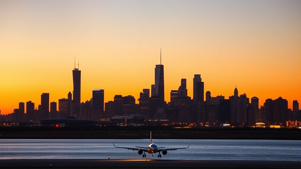 Chicago skyline at sunset with Lake Michigan, O'Hare International Airport runway in foreground, commercial jets landing, city lights beginning to illuminate